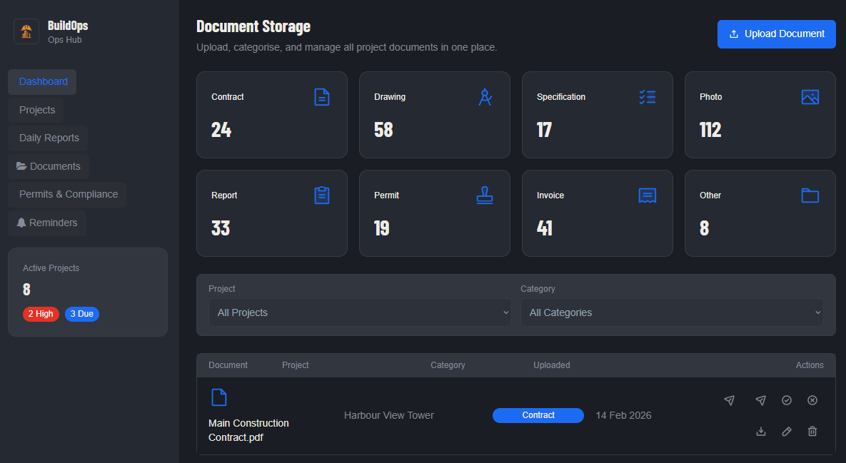 Noventra document storage screen with document categories and a project document list